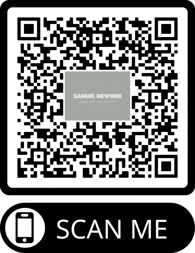 A bespoke QR code containing the title of this editorial; Debit and the credits. An editorial on Samuel Nkwume, the Hollywood movie producer.
