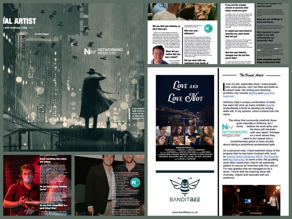 A collage of magazine pages for the article on Anthony Cally, the writer, director and vfx specialist, about his journey and the launch of his new film; Love and love not.
